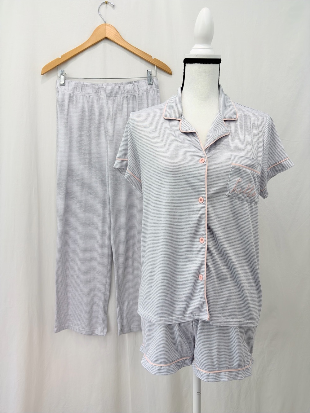 Rae Dunn Light Gray Striped Short Sleeve 3 pc Pajama Set with Pink Trim “Hello”